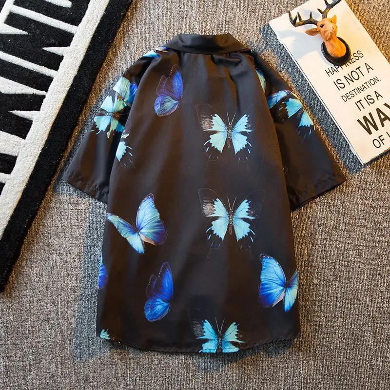 Men's new summer floral shirt men's high-end butterfly printed loose fitting shirt shirts for men