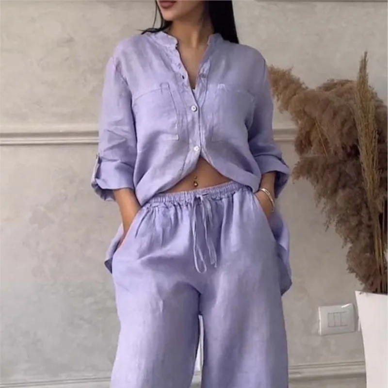 Fashion Solid Color Pants Sets Women Spring Autumn Buttons V-neck Long Sleeve T Shirt Wide Legs Trousers Two Piece Set Female