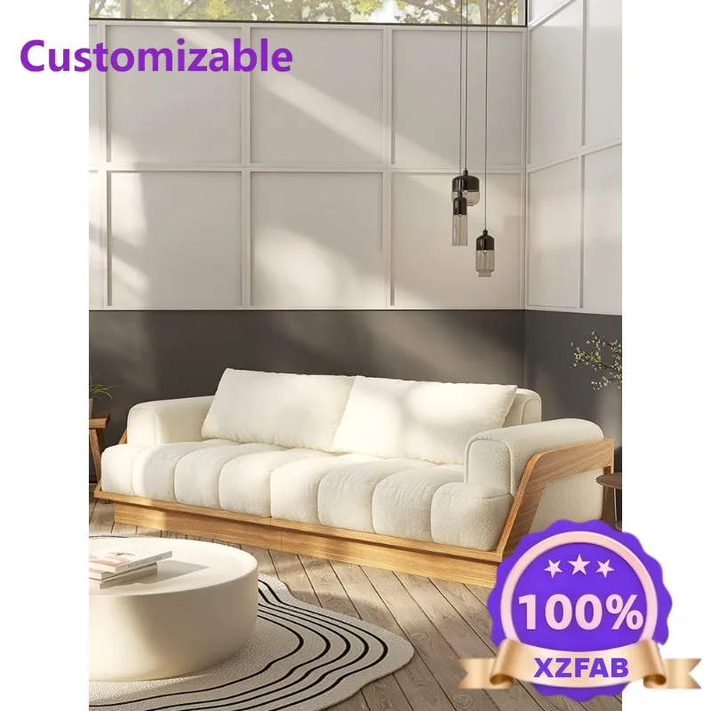 Factory Direct 2026 Cream style Nordic solid wood sofa fabric lamb wool marshmallow three-person living room size modern and sim