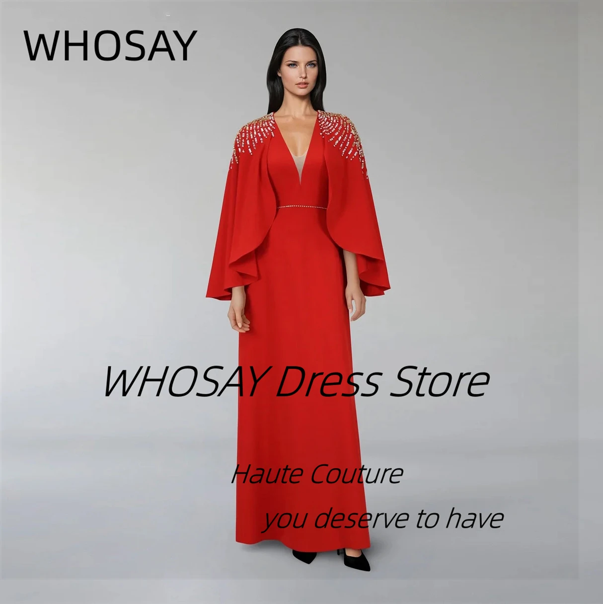 

WHOSAY Customized V Neck Evening Dresses Beading Shawls Vestidos De Noch Zipper Back Satin Prom Party Dress Saudi Arabia Women