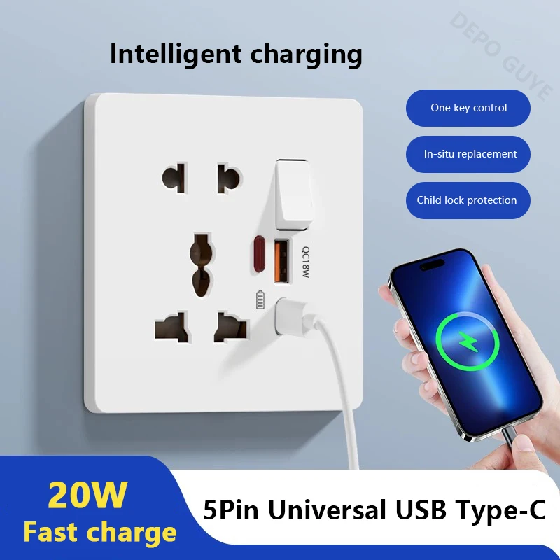 Universal 3/5Pin Smart Socket With 20W Fast Charging Type-C Port,UK Plastic Electrical Wall Double USB Power Outlet AC 110V-250V