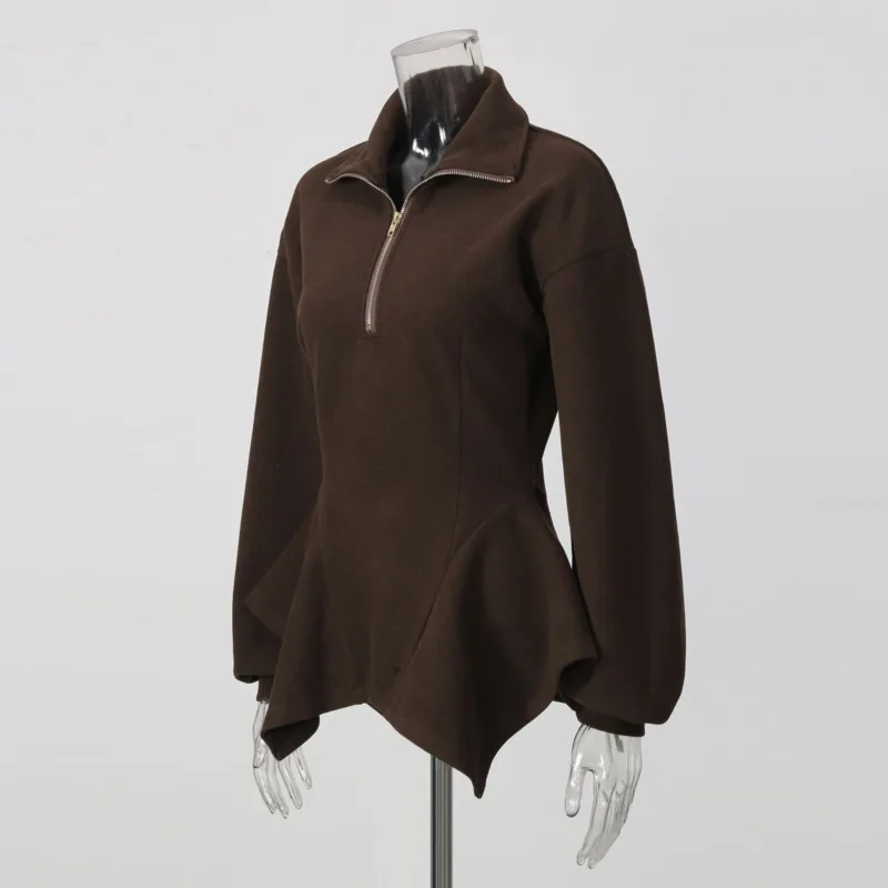 HKSH Women Sweatshirt Dark Style Elegant Trendy Waist Cinching Asymmetrical Hem Design Long Sleeve Half-zip Slim Ins Top HK28005
