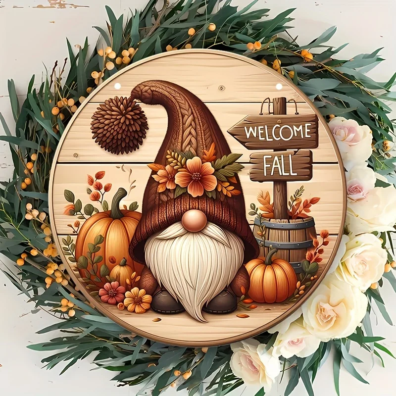 Vintage Style Welcome Fall Gnome and Pumpkin Sign - Manufactured Wood Wall Hanging Plaque with Flowers Theme - Multipurpose, Ide