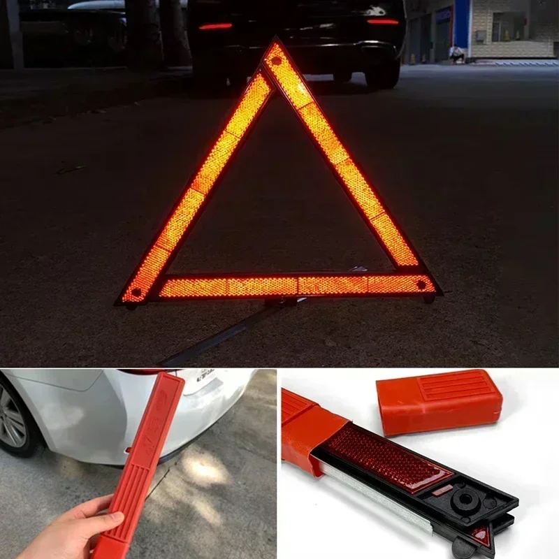 Car Foldable Reflective Tripod Emergency Breakdown Warning Triangle Red Night Road Safety Hazard Car Folded Stop Sign Reflector