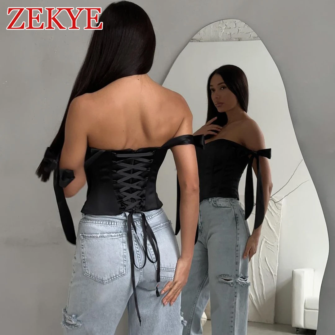 Zekye Streetwear Bandage Corset Top Women Elegant Solid Satin Kawaii Backless Zipper Slim Crop Top Fashion Summer Clothes 2024