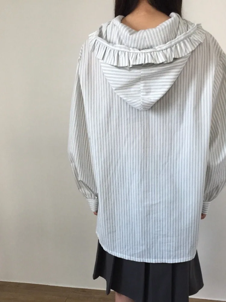 Retro Ear Musoom Ruffle Collar Striped irt Women\'s Loose Long Sve Spring New Sle Versatile Outerwear Coat