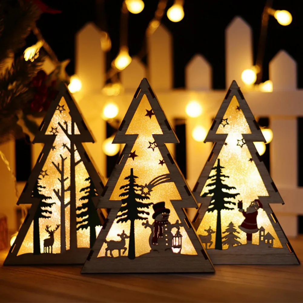 

Christmas Wooden Christmas Tree LED Ornament Mini Snowman Christmas Tree Snowflake Wood-carved House Patterns Desktop Ornaments