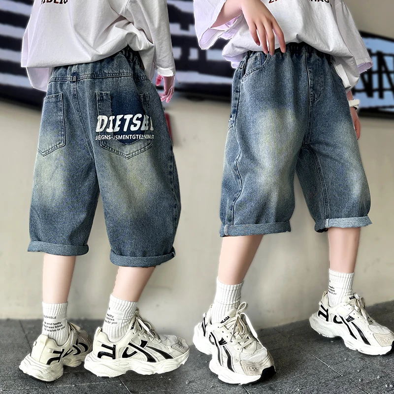 Hot Sale Kids Child Casual Denim Shorts with Letter Pocket for Tweens Boys Loose Straight Jeans Shorts Pants 5 7 9 11 13 14 Y