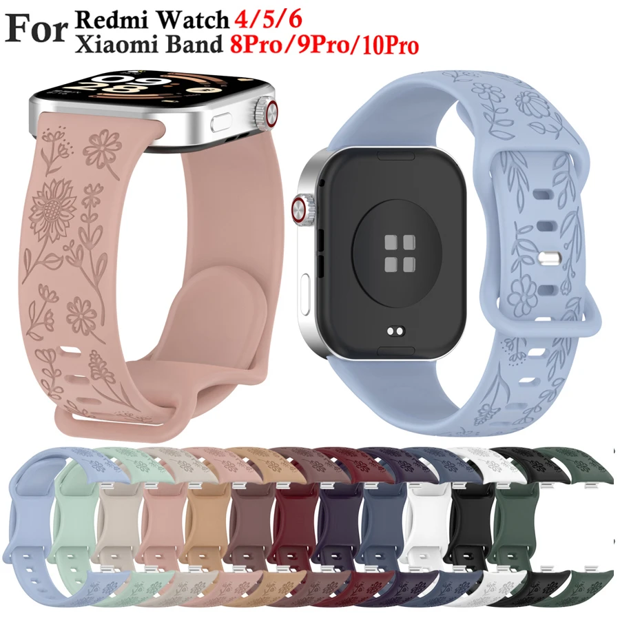 3D Carved Flowers Strap For Xiaomi Mi Smart Band 8 Pro/9 Pro/10 Pro Replacement Sport WristBand For Redmi Watch 4 5 6 Bracelet
