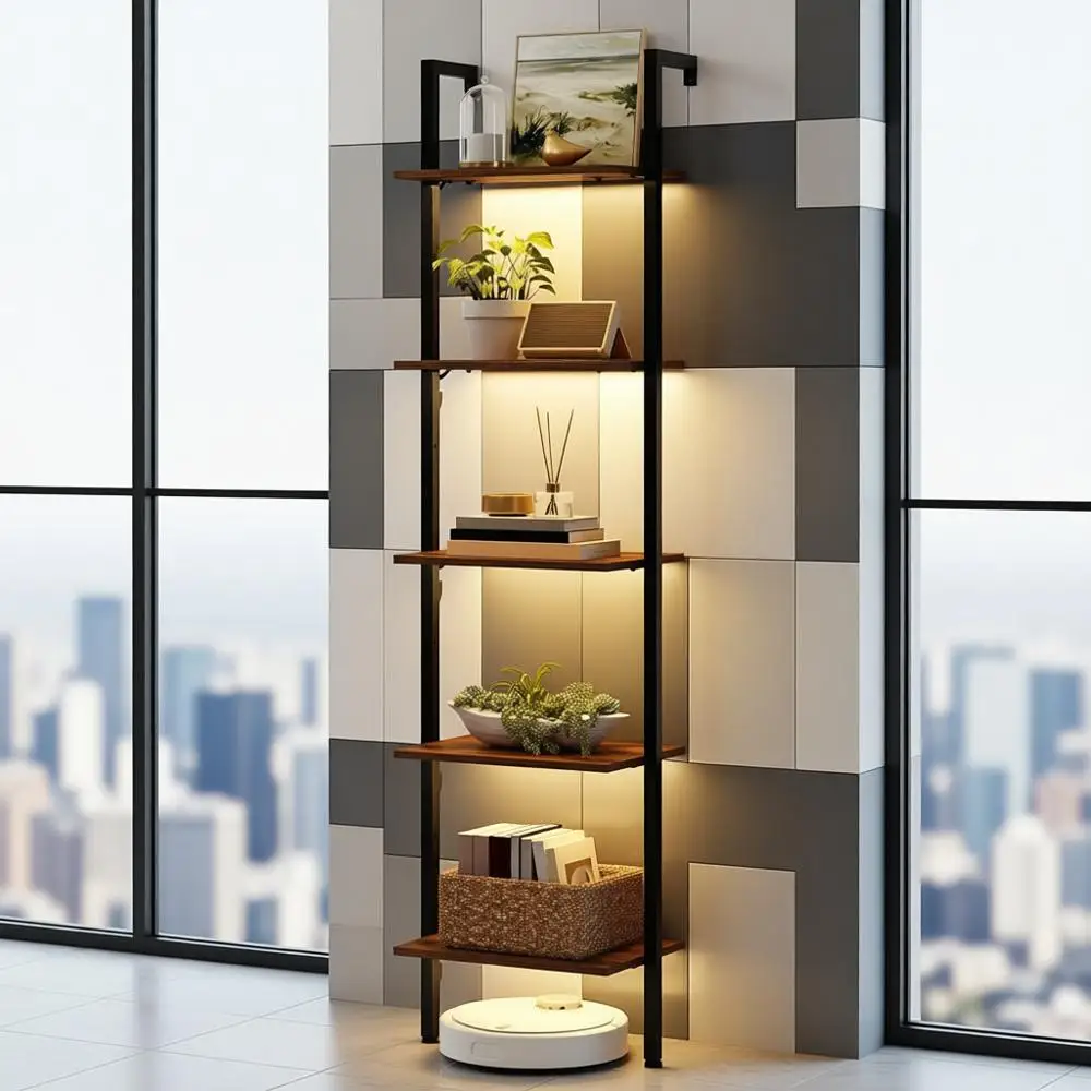 Prateleira de escada com estrutura de metal rústica marrom para sala de estar, quarto, escritório com luz LED
