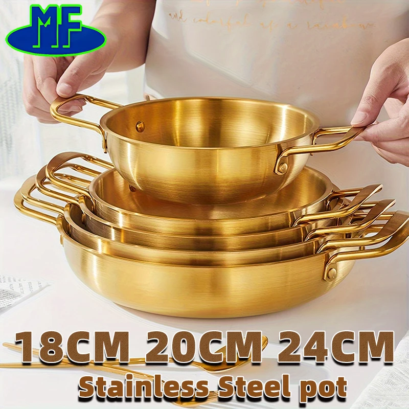 New Thickened Stainless Steel Pot Seafood Dry Pot Double Ear Golden Soup Pot Flat Bottomed Instant Noodle Pot Mini Hotpot Pot