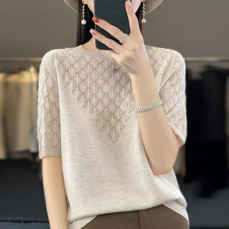 Primavera y novedad de verano, camiseta de media manga tejida de Color sólido con huecos de diamante de manga corta de estambre con cuello redondo para mujer