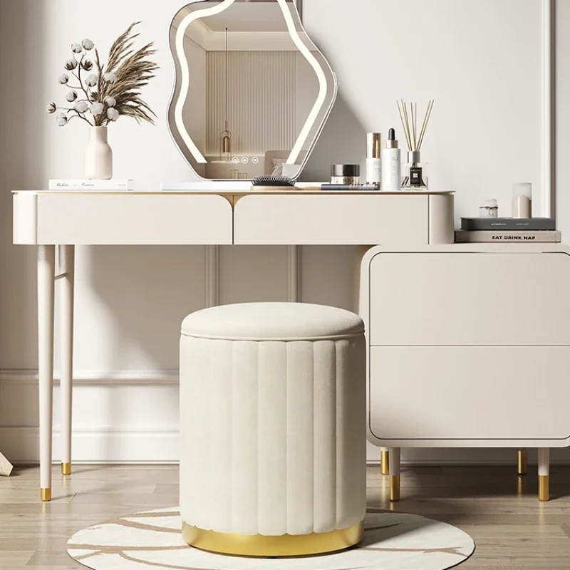 Cream Dressing Bench: Solid Wood Frame Stool & Ottoman with Skin-Friendly Flannel Fabric Open Lid Storage Vanity Chair