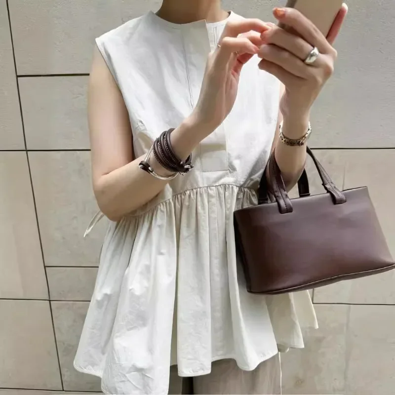 Lace-up Ropa Mujer Pleated Hem Shirts & Blouses 2024 O-neck Sleeveless Woman Blusas Japan Casual Camisas Summer New Roupas