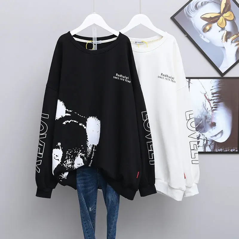 Plus Size 6XL 150kg Autumn Cartoon T Shirt Long Sleeve O Neck Black Tees Women Large Tops Oversized Tshirt