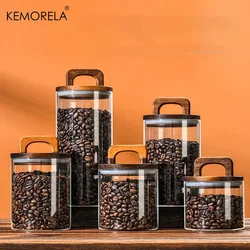 700/1100/1400ml Glass Food Storage Tank with Wooden Lid Kitchen Coffee Beans Candy Tea Grains Canister Home Snacks Storage Jar