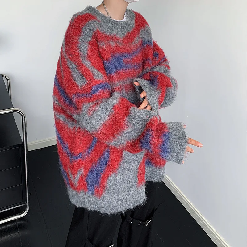 Autumn and winter mink striped color-blocked sweater for men round neck pullover trendy Japanese casual knitted sweater