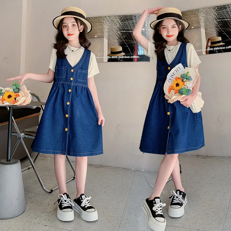 Korean Summer Junior Girl 2pcs Suit Elementary Girl Short Sleeve Shirt+Single-breasted Denim Strap Skirt Set For Girl 4-12Yrs