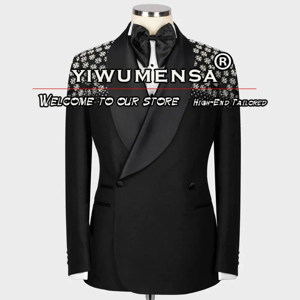 Exquisite Black Wedding Suits For Men Crystal Beading Jewels 2 Pieces Sets Prom Party Groom Boyfriend Tuxedos Customized terno