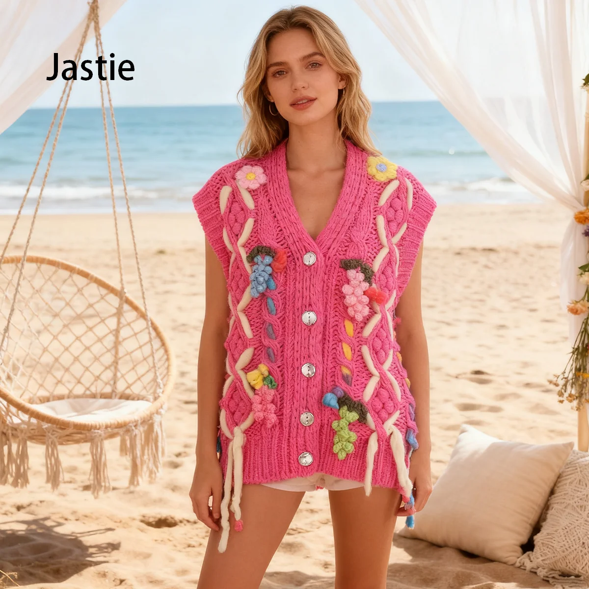 

Sweet And Cute Bohemian Sweater Vest Heavy Hand-woven Thick Needle Twist Three-dimensional Flower Grape Knitted Vest Cardigan