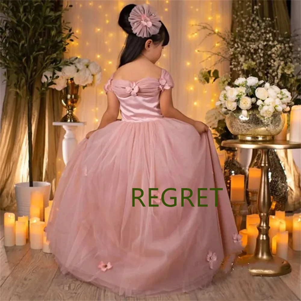 

Pink Flower Girl Dress Tulle Puffy 3D Applique Off Shoulder Elegant For Wedding Child's First Eucharistic Birthday Party Dress