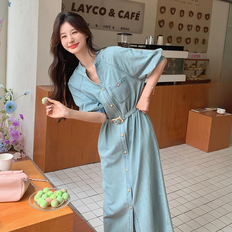 

Light Blue Temperament Reduced Age Waist Standing Collar Denim Dress 2024 New Small Fragrant Style Temperament Long Skirt