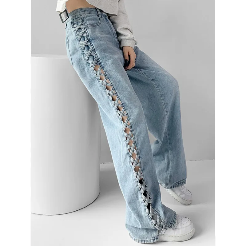 The New Summer Design Sense of Side Woven Hollow-out Wide-leg Jeans Women's Fashion High Waist Loose Slimming Slouches Jeans