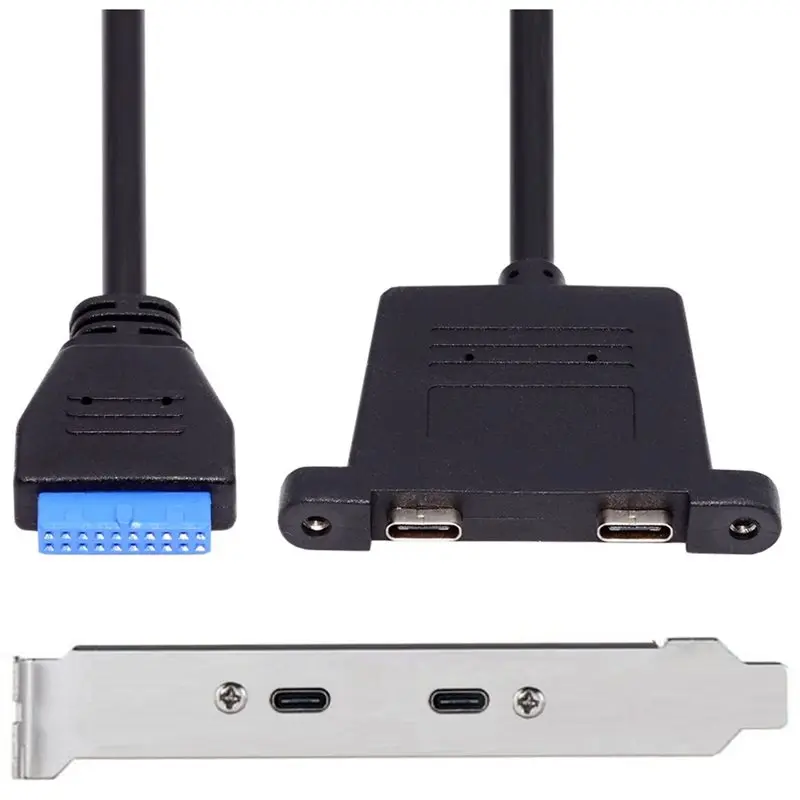 ABZW Front Panel Header USB 3.0 19/20 Pin Male To 2 USB-C Female Chassis Back Panel Extension Cable With Mounting Bracket Port