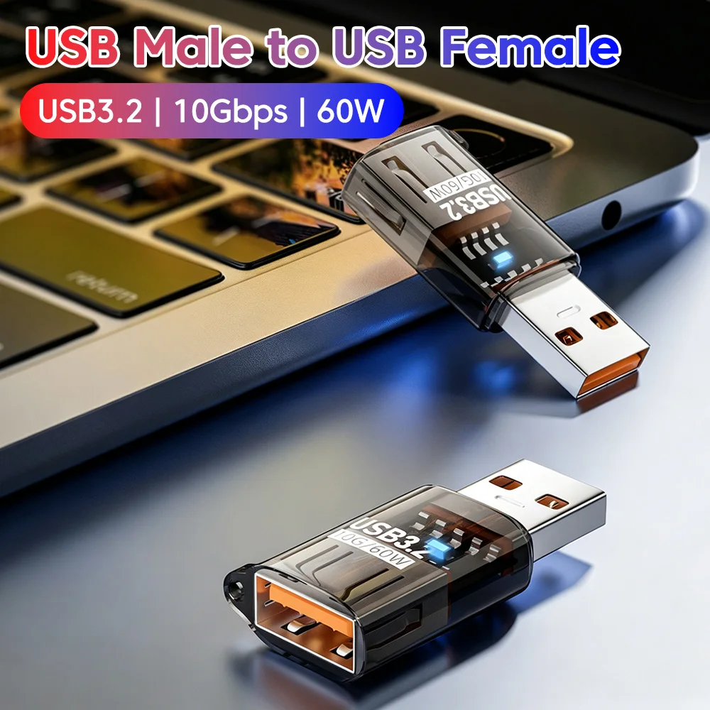 USB 3.2 Female to USB Male Adapter Transparent 60W Max USB Adapter Fast Charging Connector for Xiaomi Huawei