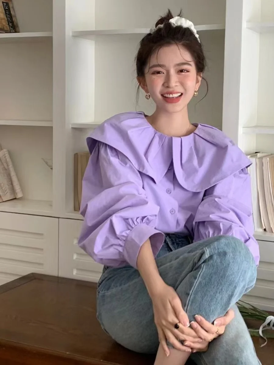 الفرنسية الأرجواني قميص بيتر بان Collarlace فانوس كم قمصان النساء ربيع الخريف طويلة الأكمام بلوزة الإناث واحدة الصدر