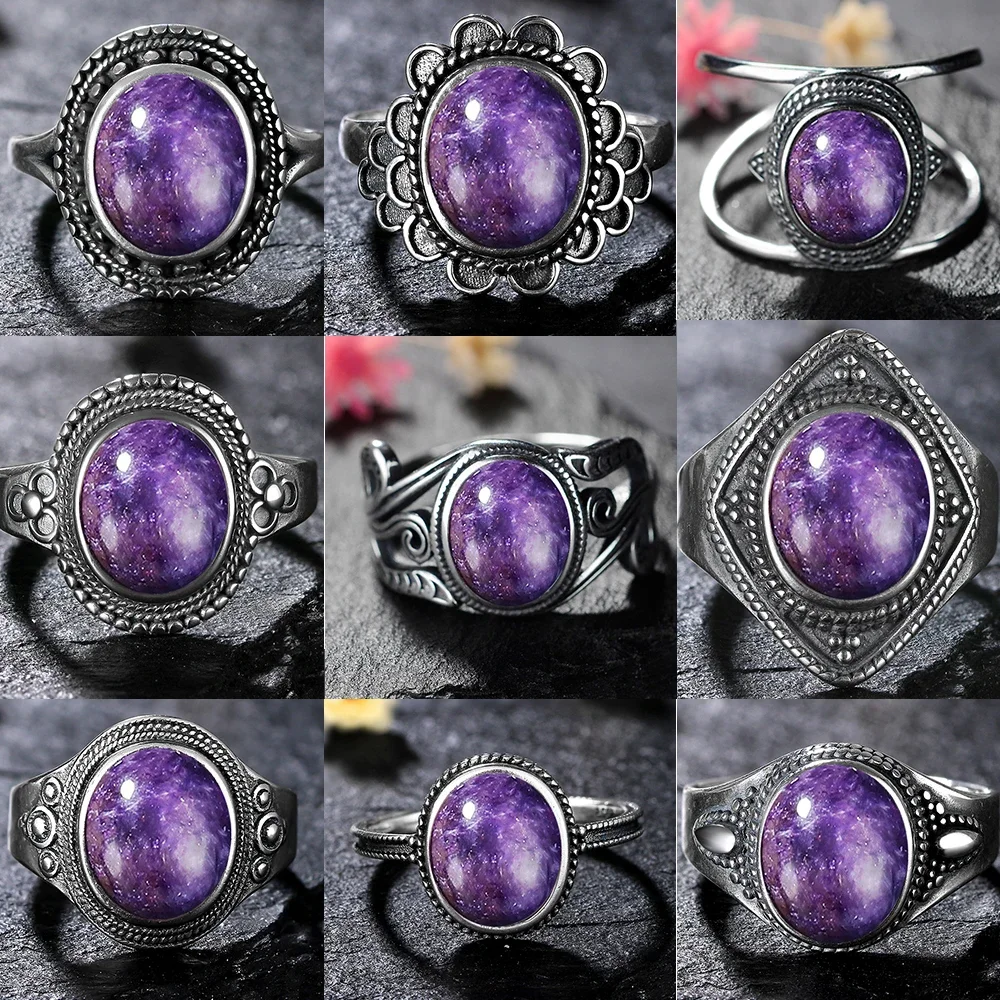 925 Sterling Silver Vintage Rings Oval Natural Charoite Beads Rings for Women Gift Wedding Anniversary Fine Jewelry