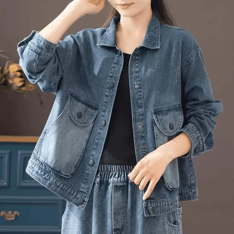 Casual Denim Jackets For Women Fashion Turn-down Collar Streetwear Solid Single-breasted Jeans Coats Spring Autumn 2025