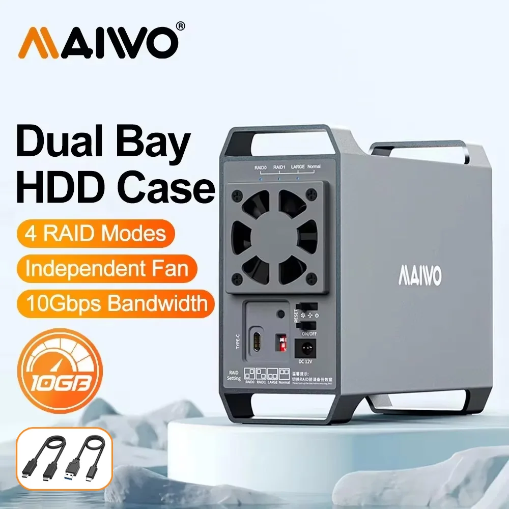 MAIWO 10Gbps Dual-Bay 3,5-Zoll-RAID-Gehäuse für SATA 3,5"-HDD mit Kühlventilator, Typ-C USB 3.1 SATA-Gehäuse mit 4 RAID-Modi