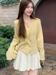 Zoki Tassel Yellow Sweet Cardigan Sweaters Women Casual Vintage Preppy Style Knitted Coat Korean Elegant Long Sleeve Fashion Top