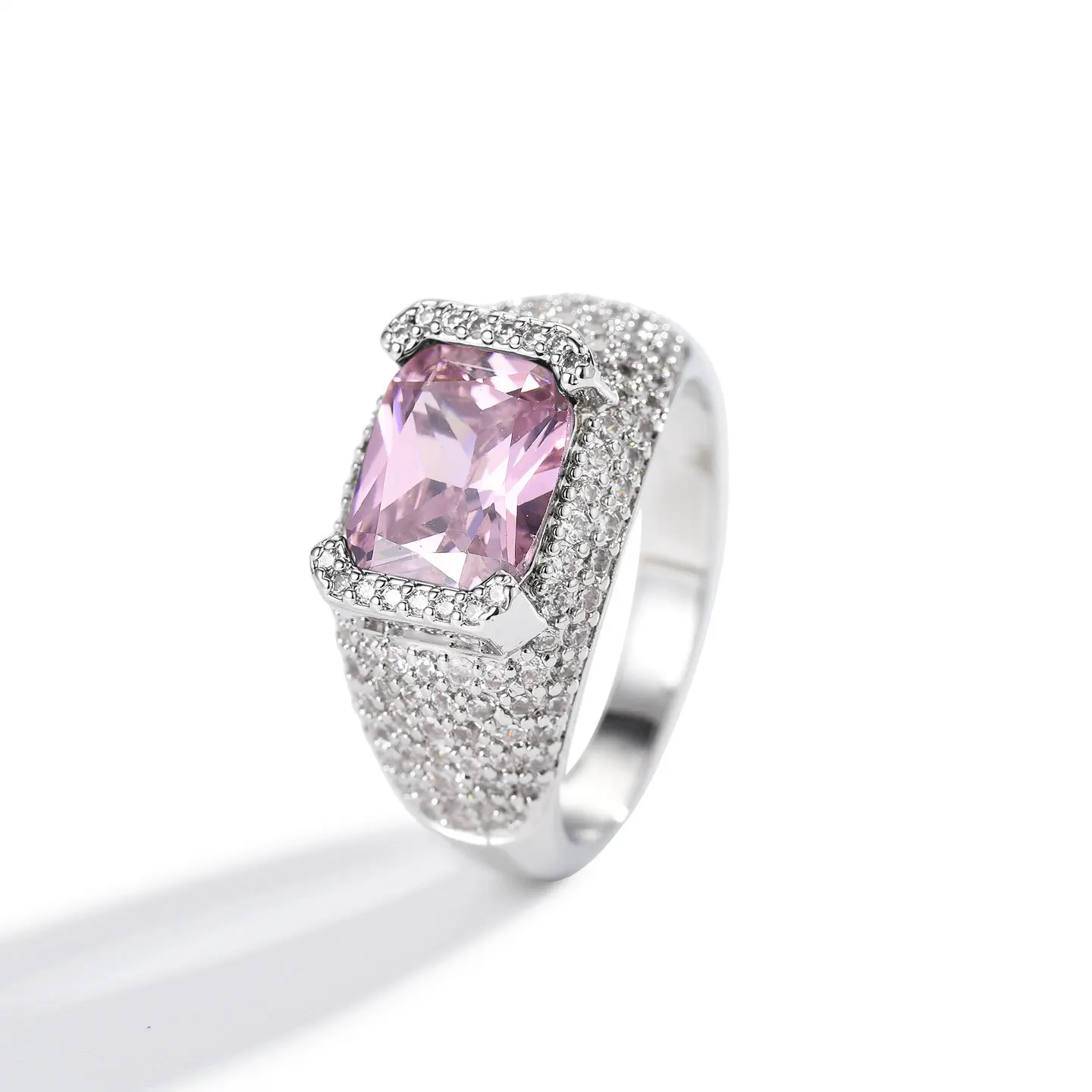 Men Women Hip Hop Style Full Zircon Ice Flower Cut Octagon Ring 18K Gold Plated Copper Luxury Fashion Band Wedding Jewelry Gift
