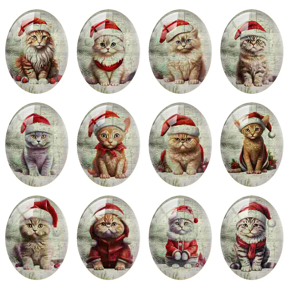 10pcs/lot Christmas X-mas Winter Cats Kitten Pets Oval Photo Glass Cabochon Charms Flatback Demo Cameo For Diy Jewelry Making