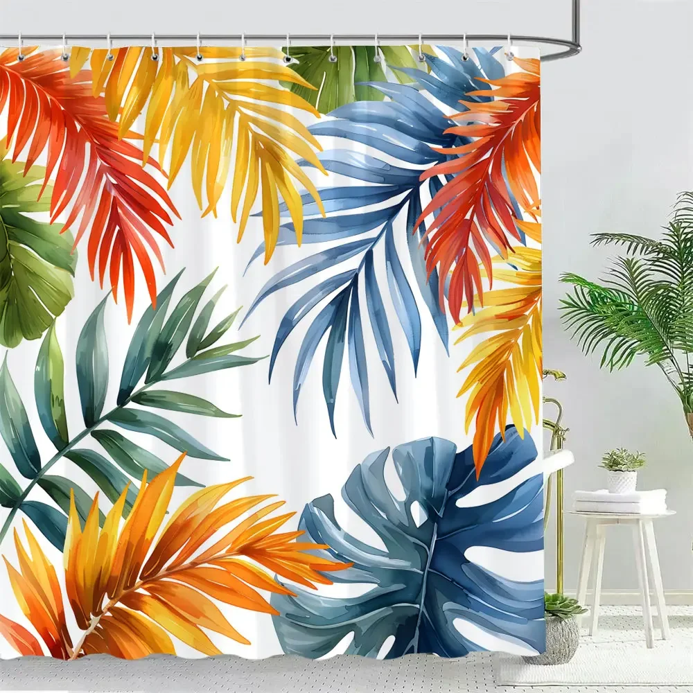 Tropical Leaves Shower Curtain Autumn Leaves Watercolour Print Polyester Fabric Shower Curtains Bathroom Decoration with Hooks