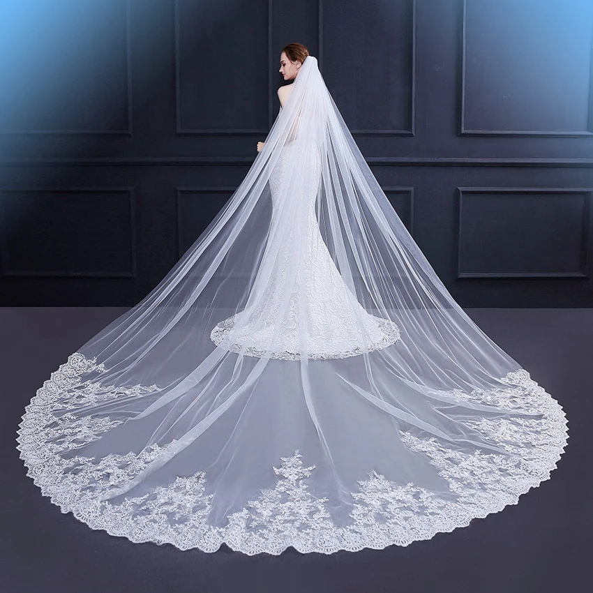 One Tier Appliqued Voile De la Mariée Lace Long Wedding Veil 3.5 Meters  White Ivory Bridal Veil Women Headpieces Velo De Novia