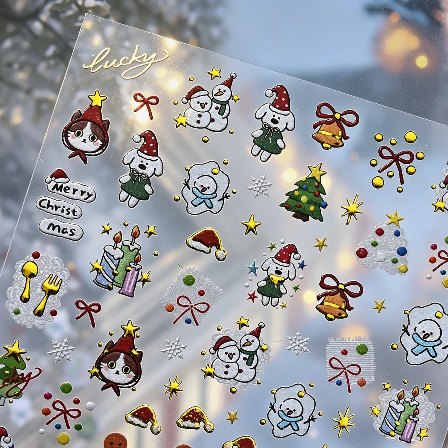 2Pcs 5D Gold Silver Bronzing Christmas Nail Stickers Cute Cat Snowman Gingerbread Man Nail Decals Xmas Tree Snowflake Nail Decor