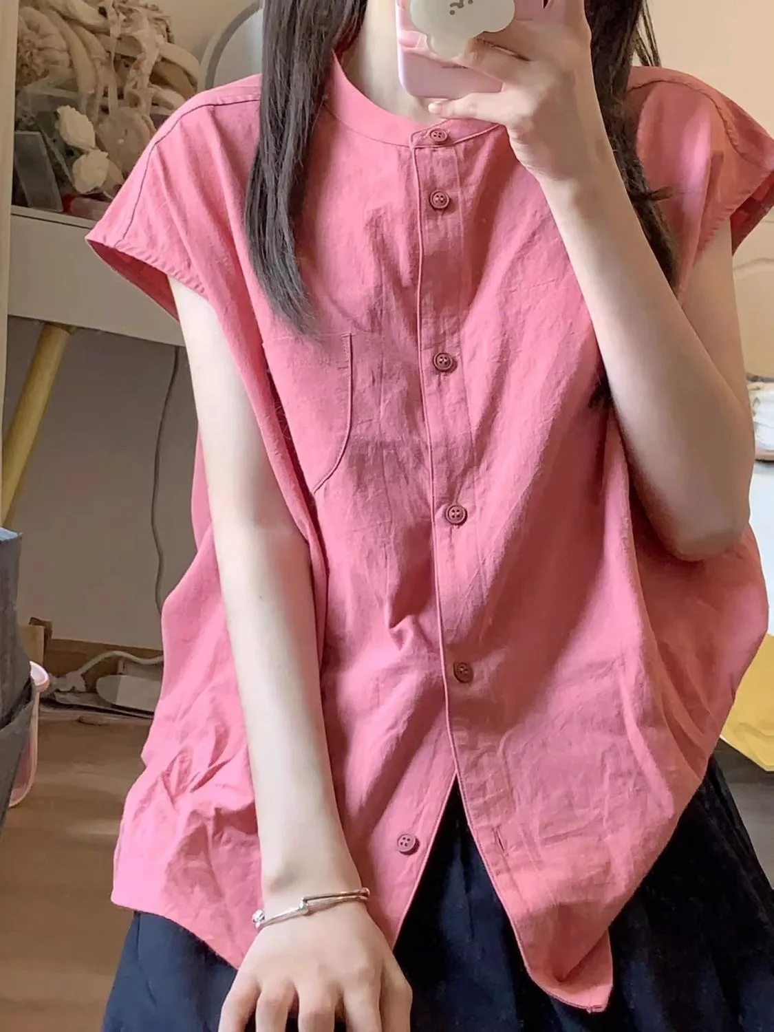 

Ретро японский розовый ирт женский летний художественный дизайн свободный жилет ort Sve топ на пуговицах круглый Ne Pure Color Commute Sle