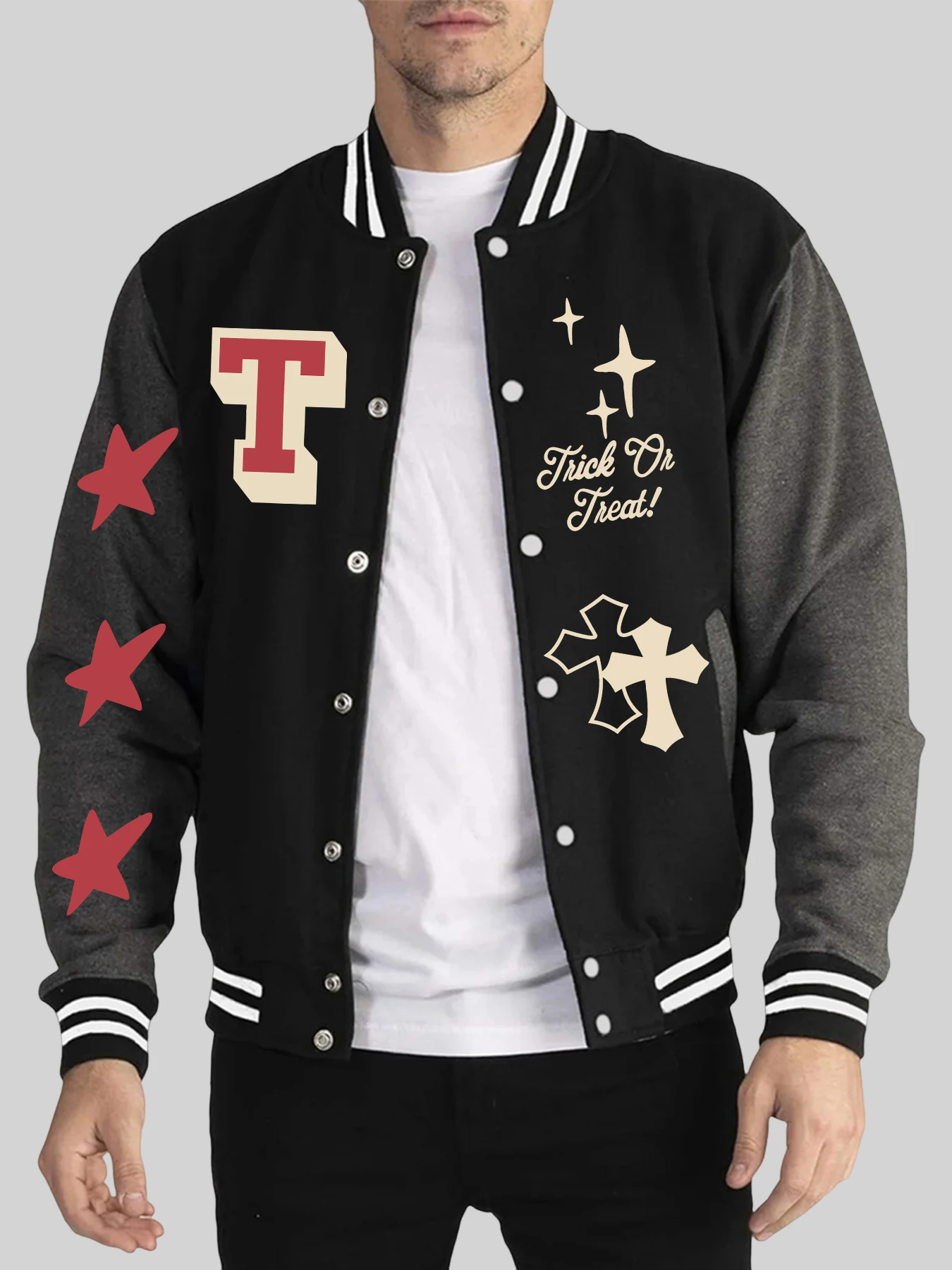 

Trick Or Treat Letter And Stars Pattern Mens Clothing Autumn Winter Baseball Jersey Warm Sports Jackets Fashion Street Clothes