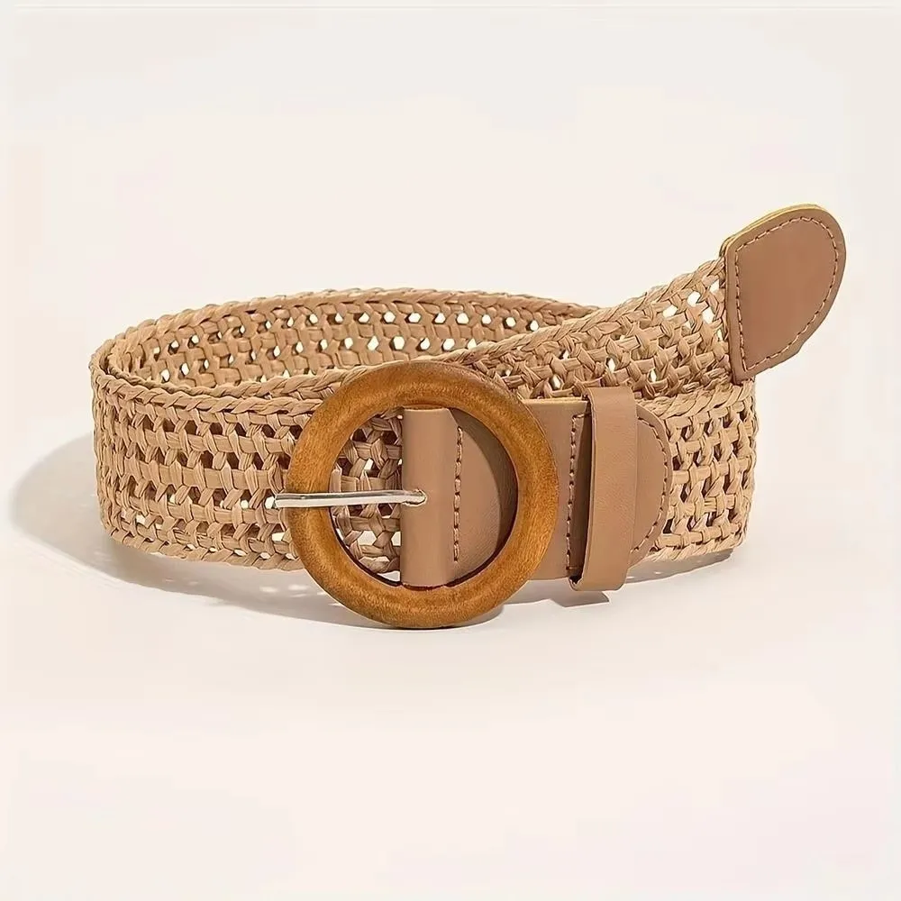 Boho Straw Waist Belt Wide Round Buckle Woven Waistband Hollow Out Handmade Braided Belt for Holiday