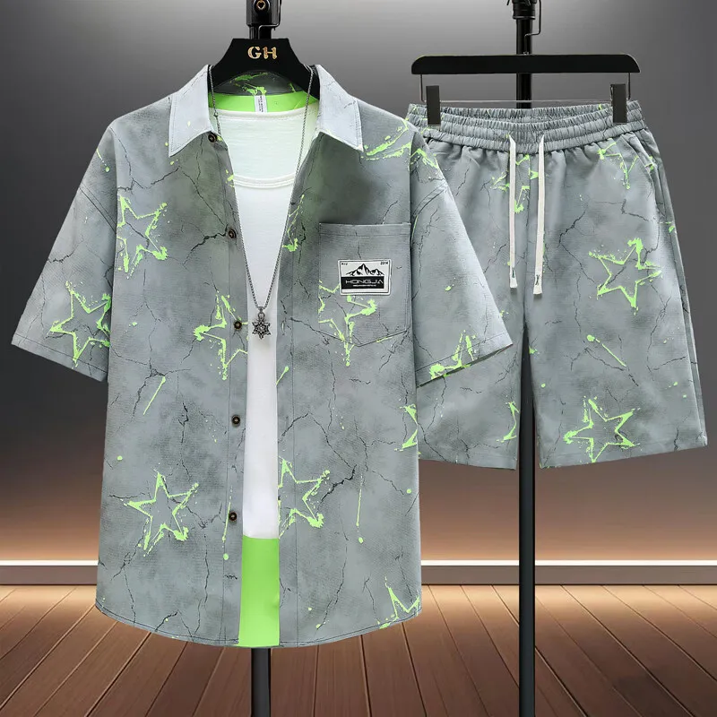 

Рубашки + шорты, лето 2025 г., спортивная одежда, мужские модные комплекты с короткими рукавами и принтом, мужские рубашки и шорты, повседневные рубашки из двух предметов