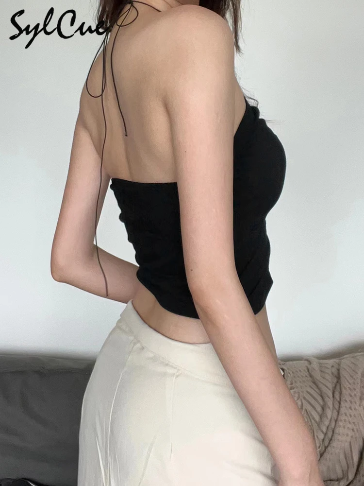 Sylcue 블랙 섹시 얇은 섹션 심플 캐주얼 올매치 스트리트 쿨 오픈 자신감, 핫 성숙한 여성 레이스업 미니 조끼