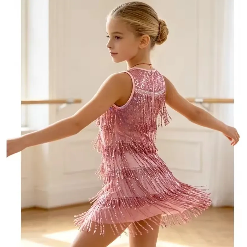 Tassel Girls Dresses Dance Costume Kids Outfit Vestidos Show Girl Latin Dress Tutu Party Children's Clothing Robe Fille Summer 6
