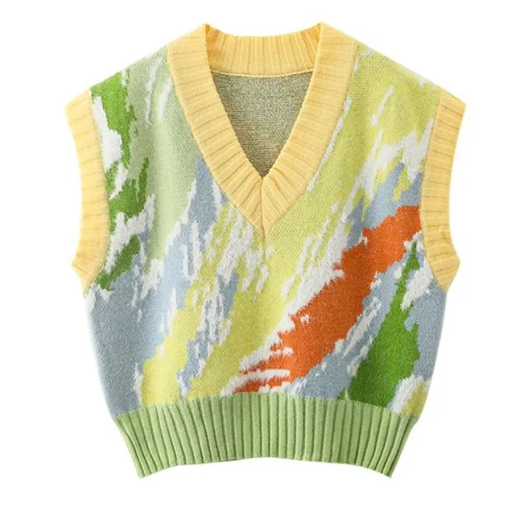 

Vintage Colour Tie Dye V-neck Pullover Mujer Spring Autumn New Knitted Sweater Vests Y2k E-Girl Sleeveless Tops Women