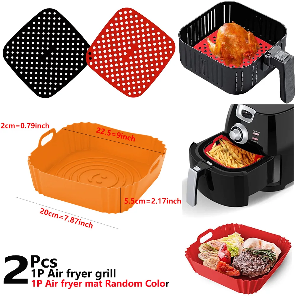 

2Pcs Air Fryer Silicone Basket Silicone Mold Airfryer Oven Baking Tray Pizza Fried Chicken Basket Reusable Pan Liner Accessories