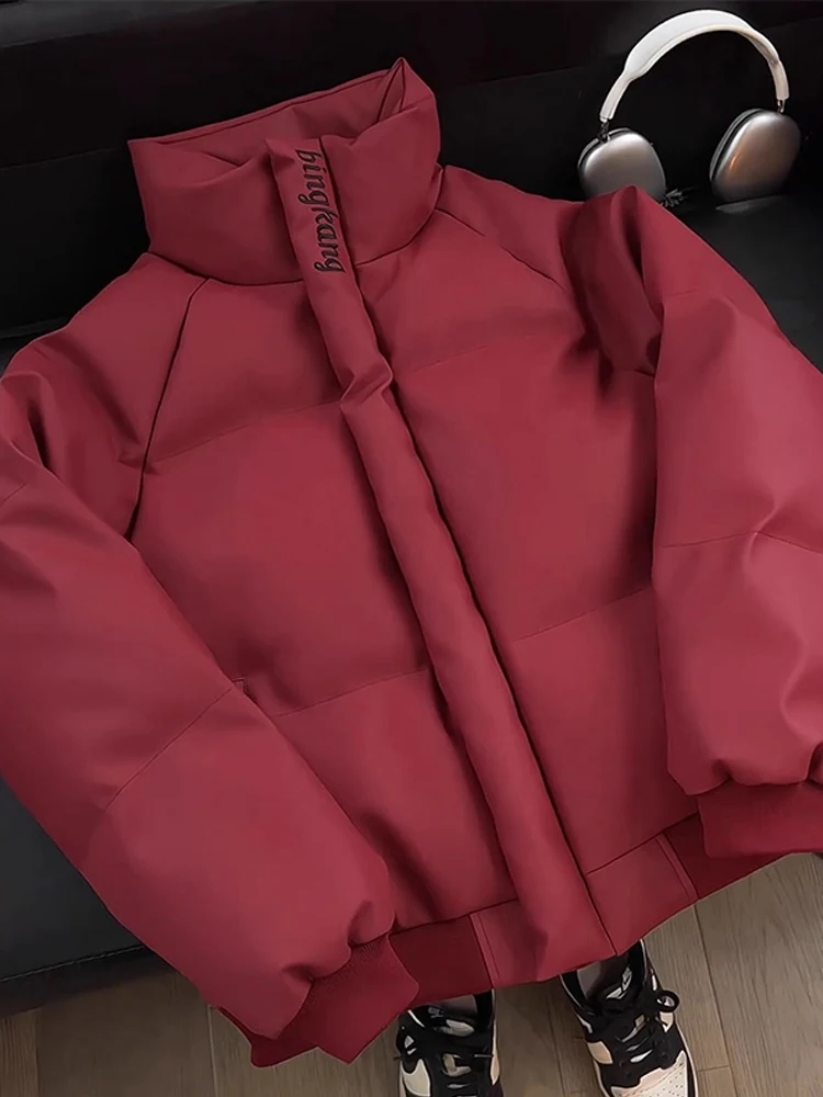 

Thiened American Embroidery PU Leather Cotton Jaet Men's Winter Warm Outerwear Bread Sle Stand Collar Coat