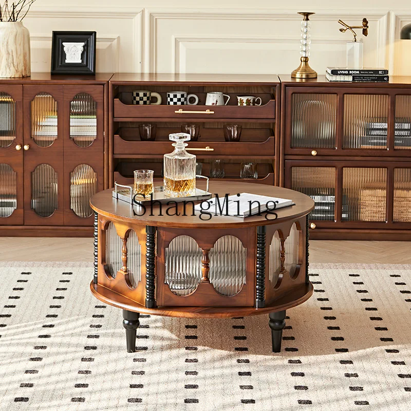 

FG retro solid wood with storage function round few ash wood movable living room home antique tea table