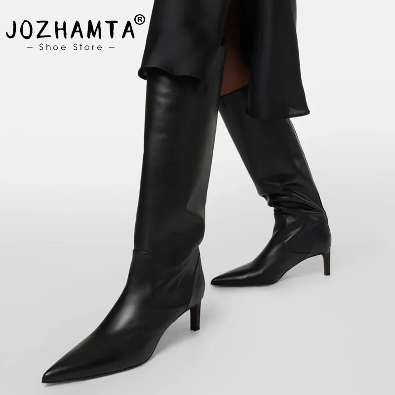 JOZHAMTA Size 34-43 INS Women Knee High Boots Winter Splicing Genuine Leather Shoes Woman Thin High Heels Office Lady High Boots